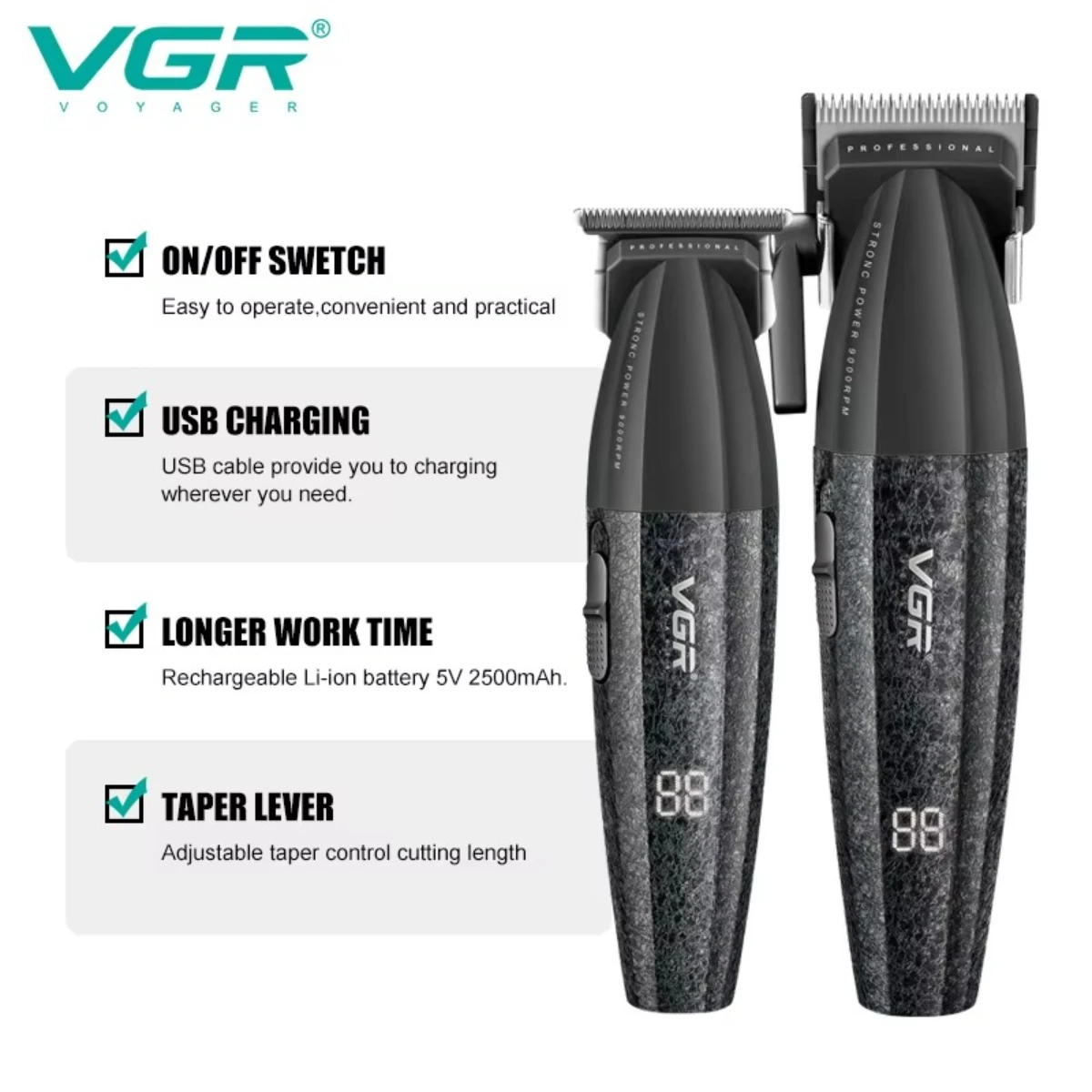 VGR Hair Trimmer Electric Clipper Rechargeable Haircut Machine Adjustable Clipper 9000 RPM Hair Clippers Men Professional V-640