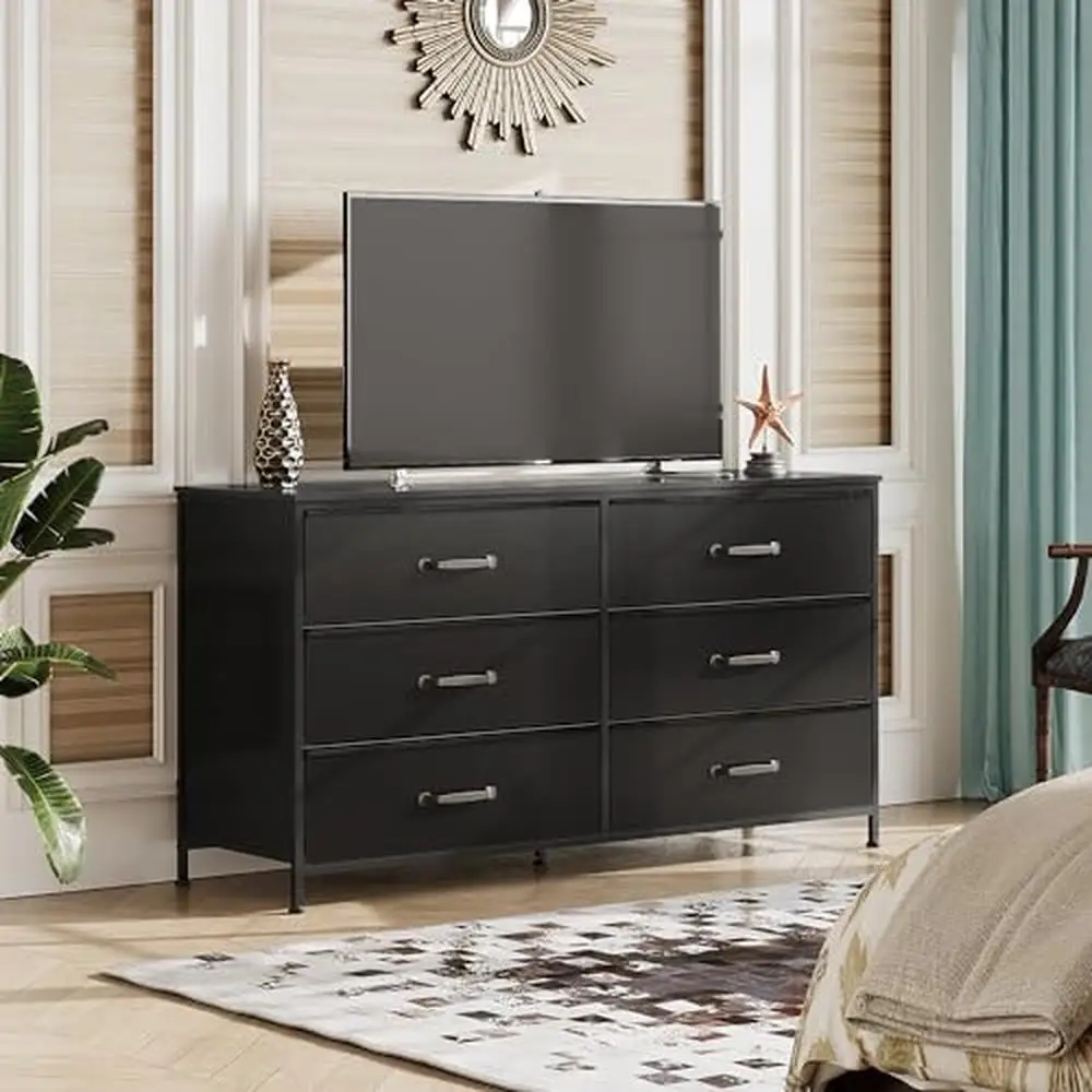 Soporte de TV de tela de 6 cajones, mueble de dormitorio, torre de almacenamiento grande, unidad negra con contenedores, fácil configuración, soporte estable y elegante