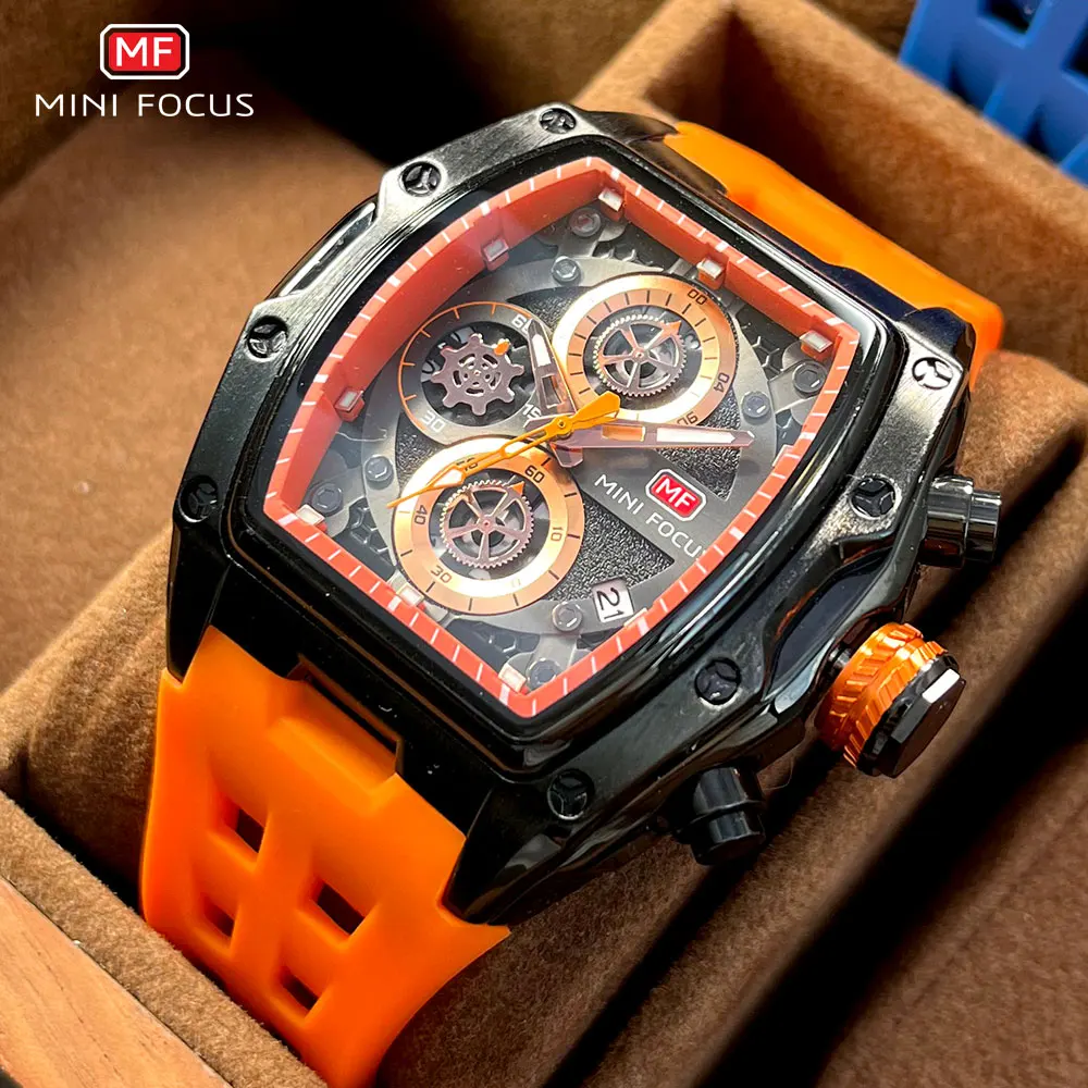 MINI FOCUS Military Sport Quartz Watch Men Orange Silicone Strap Waterproof Chronograph Wristwatch with Date Luminous Hands 0473