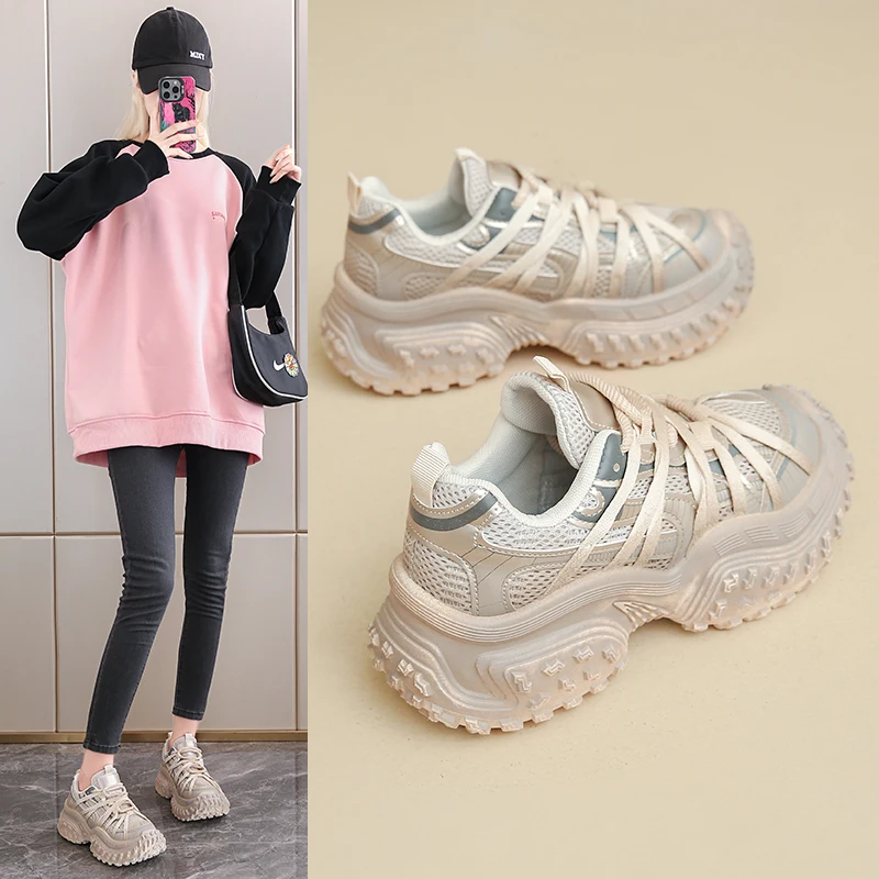 

2025 New Women's Round Toe Mesh Lace Up Chunky Platform Walking Shoes 6CM Heel Slip & Wear Resistant Casual Daily Sneakers
