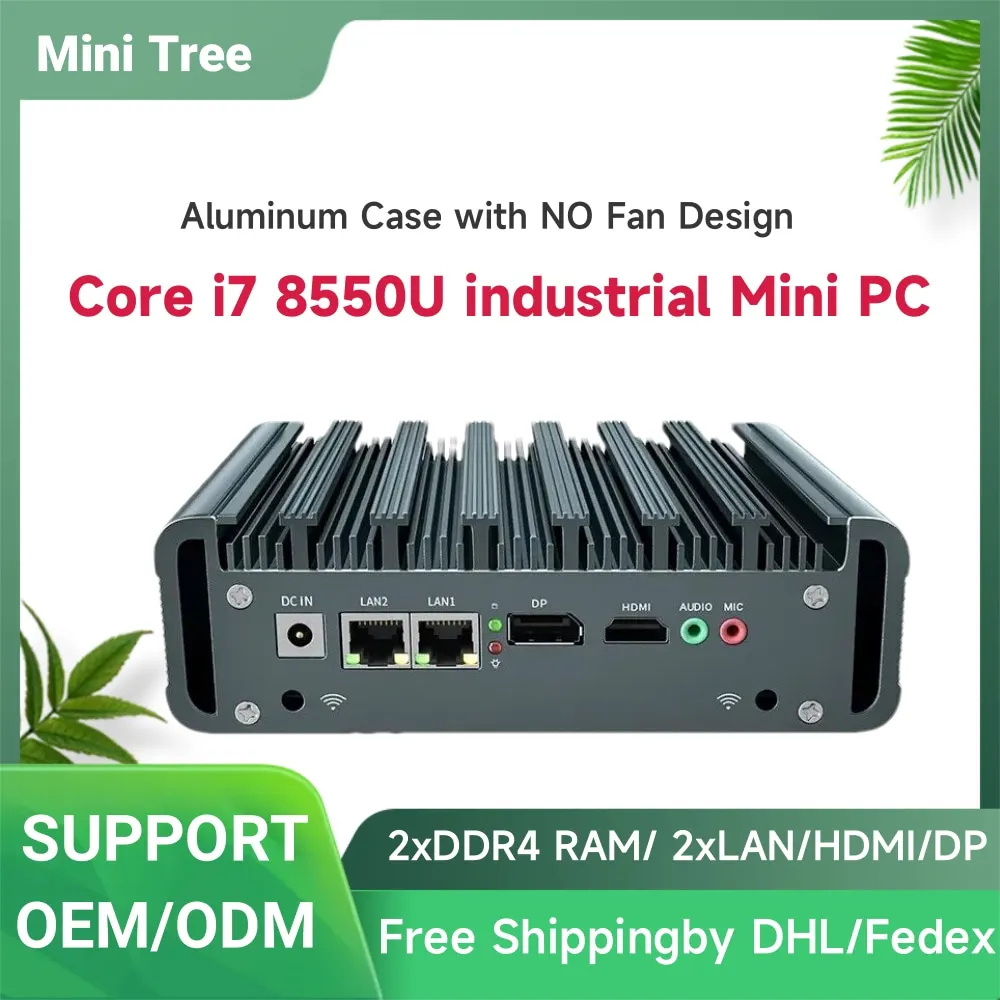 كمبيوتر مكتبي صغير بدون مروحة يدعم 4K i7-8550U 4 النوى RJ45 COM Linux Firewall كمبيوتر صناعي صغير i5-8250U 4G Dual LAN