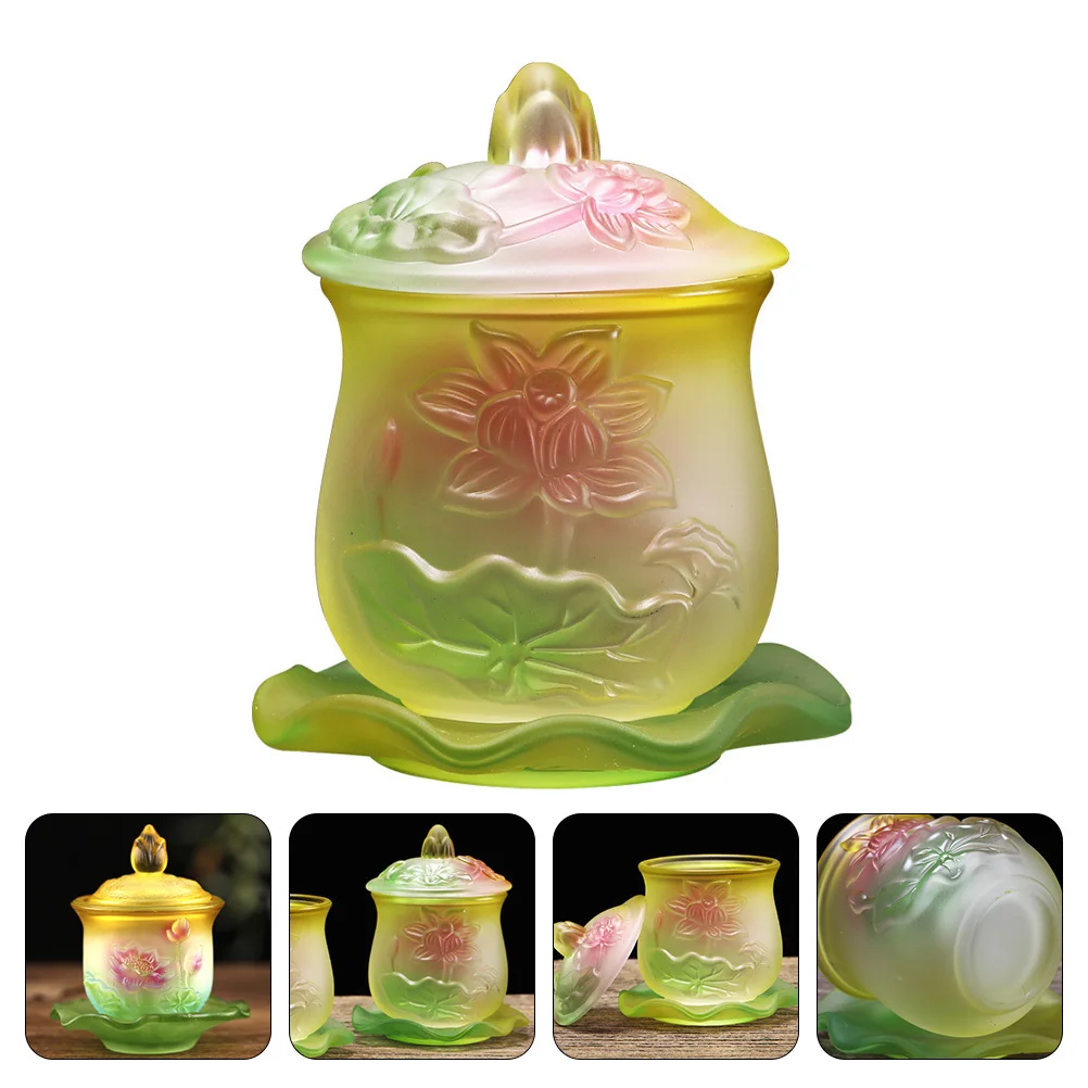 1 قطعة كوب ماء زجاجي لوتس شكل رائع سطح مصقول معبد المنزل عرض ملحق كوب ماء مقدس لوازم التضحية