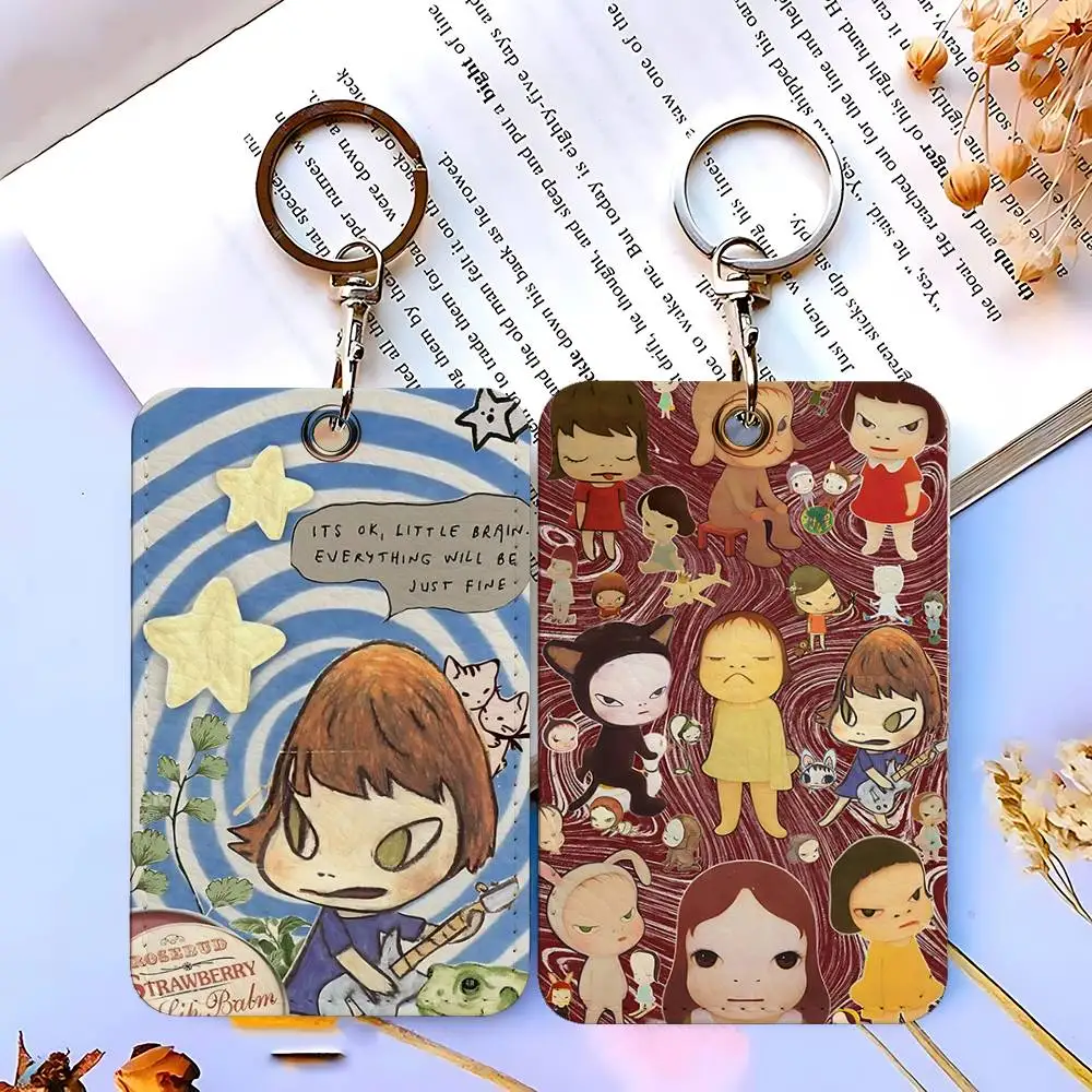 Yoshitomo N-Nara 長方形 ID カードケース キーホルダー アクセスカードバッグ キータグリング レザーカードホルダー キーリング アクセス