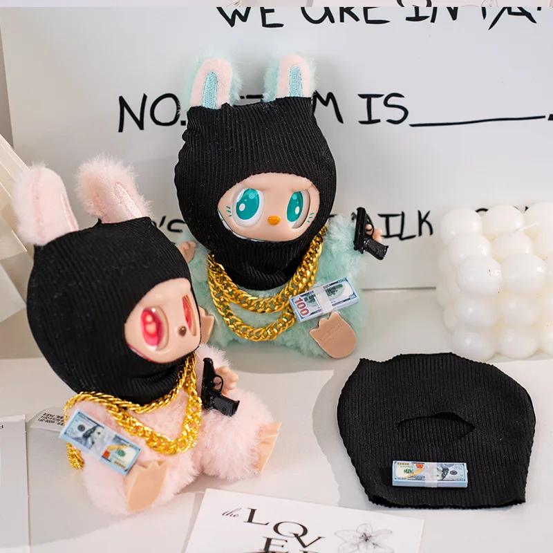 สําหรับอุปกรณ์เสื้อผ้า Labubu อินเทรนด์ Cool น่ารักสนุกและตลกสไตล์หมวกถักสีดําและสร้อยคอ Street แฟชั่นตุ๊กตาอุปกรณ์เสริม