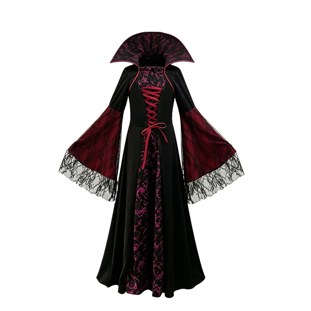 Mädchen-Vampir-Königin-Kostüm, Schwarz-Rot, Vintage-Langes Kleid mit Stehkragen und ausgestellten Ärmeln für Halloween, Karneval, Cosplay – Detail 4