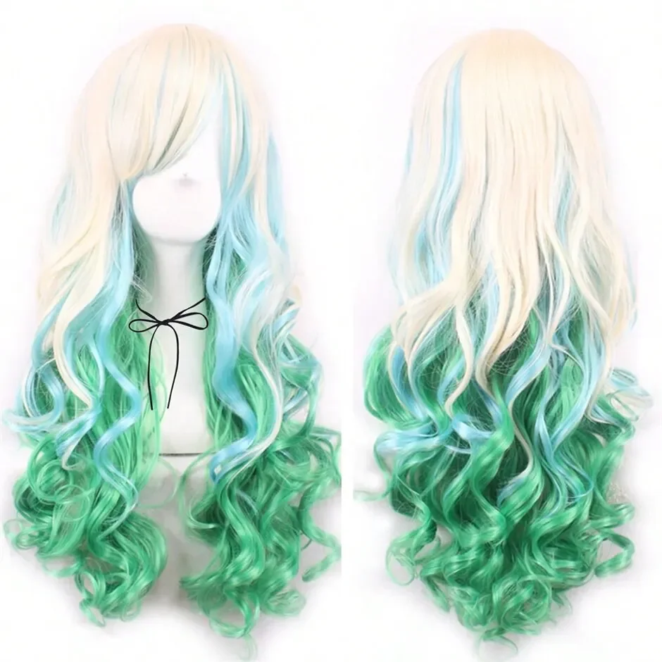 

Long Curly Wavy Silver Grey to Green Side Part Natural Looking Synthetic Cosplay for Women Green White Synthetic Wigs