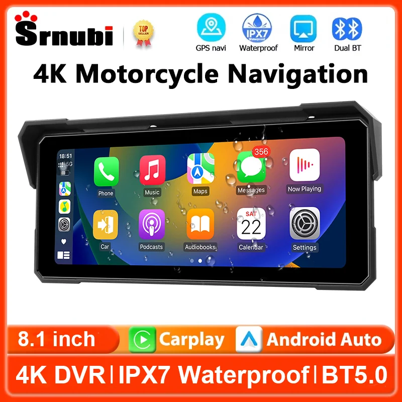 

Srnubi Portable 8.1 inch Carplay Motorcycle GPS Navigation 4K DVR Wireless Carplay Android Auto IPX7 Waterproof Moto Monitor