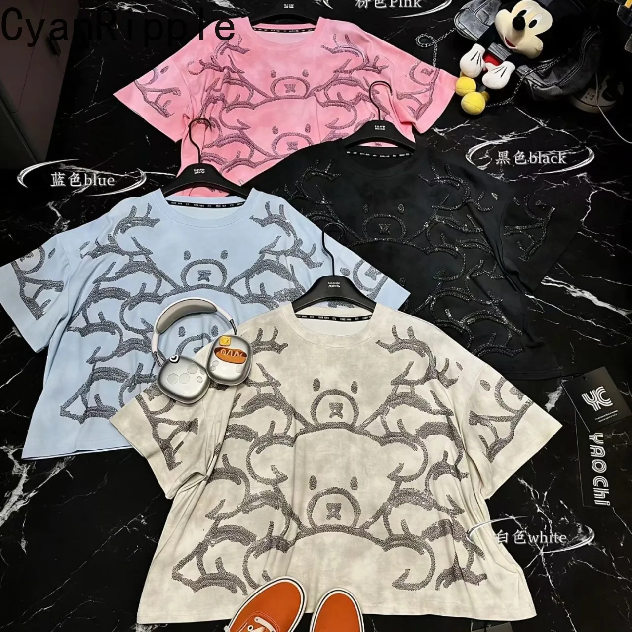 

Trendy New Spring Summer Oversize Women T-shirt Cute Bear Hot Diamonds Pullover Top All-match Students Casual Cotton Basic Tees