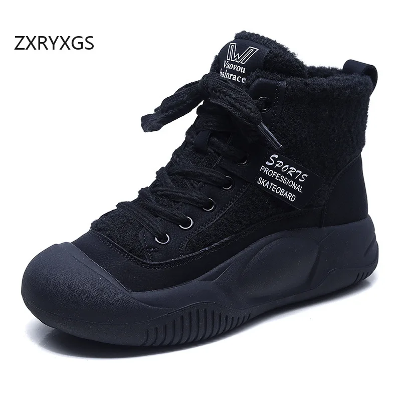 ZXRYXGS Top Cowhide Wool Boots Winter Sneakers Trendy Shoes 2025 New Lace-up Round Toe Platform Elevator Shoes Women Snow Boots