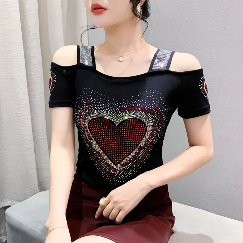 New 2024 Summer Short Sleeved Women\'s T-Shirt Elegant Slim Shiny Love Heart Diamonds Mesh Tops Chic Girl Sexy Off Shoulder Tees