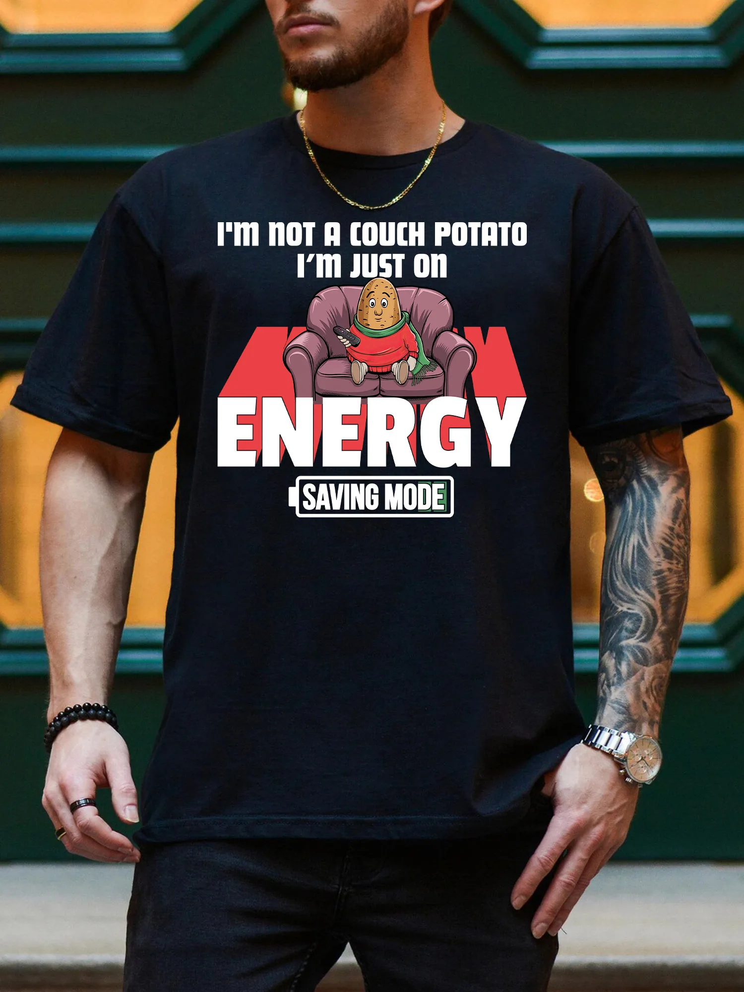 

Not A Couch Potato Men's Graphic Tee, Pure Cotton Casual Black T-Shirt, Lightweight Round Neck Tee