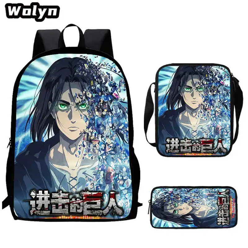 3Pcs Set Attack On Mochila Titan School bags with Shoulder Bag Pencil Bag,Cartoon Anime Children Backpack Travel Bag Boys Girls