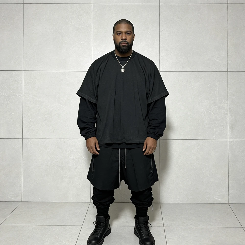 Yao Fashion Kanye West Loose Patchwork Long Sleeve Tee HipHop Street Style Casual Baggy Solid Color T