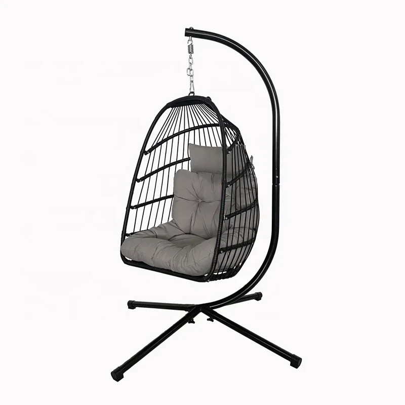 Folding Swing Egg Chair With Stand Indoor Outdoor Wicker Rattan Patio Basket Hanging Chairs Balcony Garden