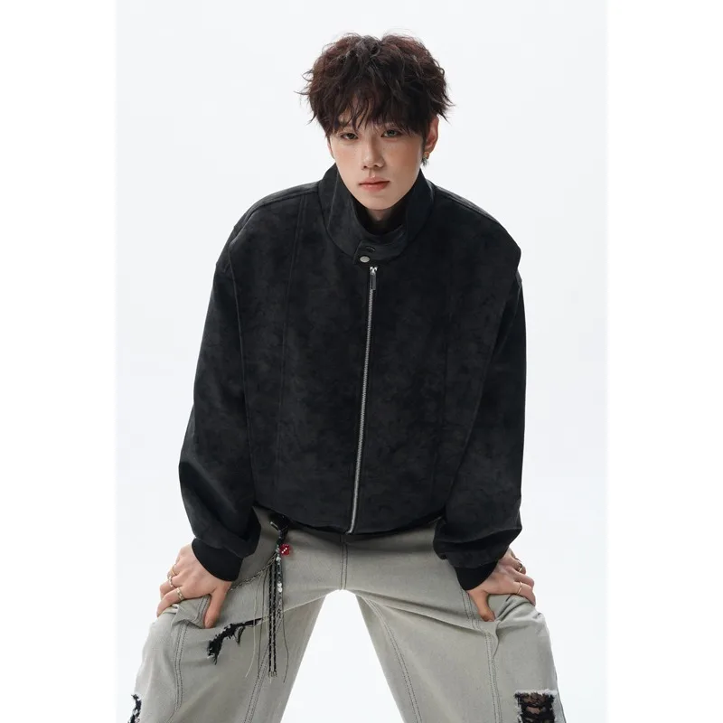 Men Gray Faux Suede Stand Collar Bomber Jacket Zip Up Loose Stitching Detail Elastic Cuff Hem Streetwear Windproof Outer Coat