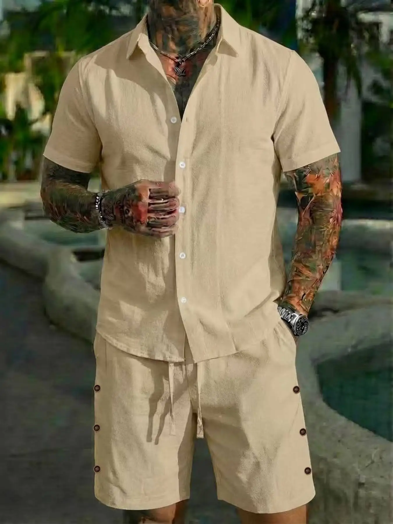 Men's fashionable and casual pure-color shirt set, featuring button design, linen material, comfortable daily wear top, short-sl