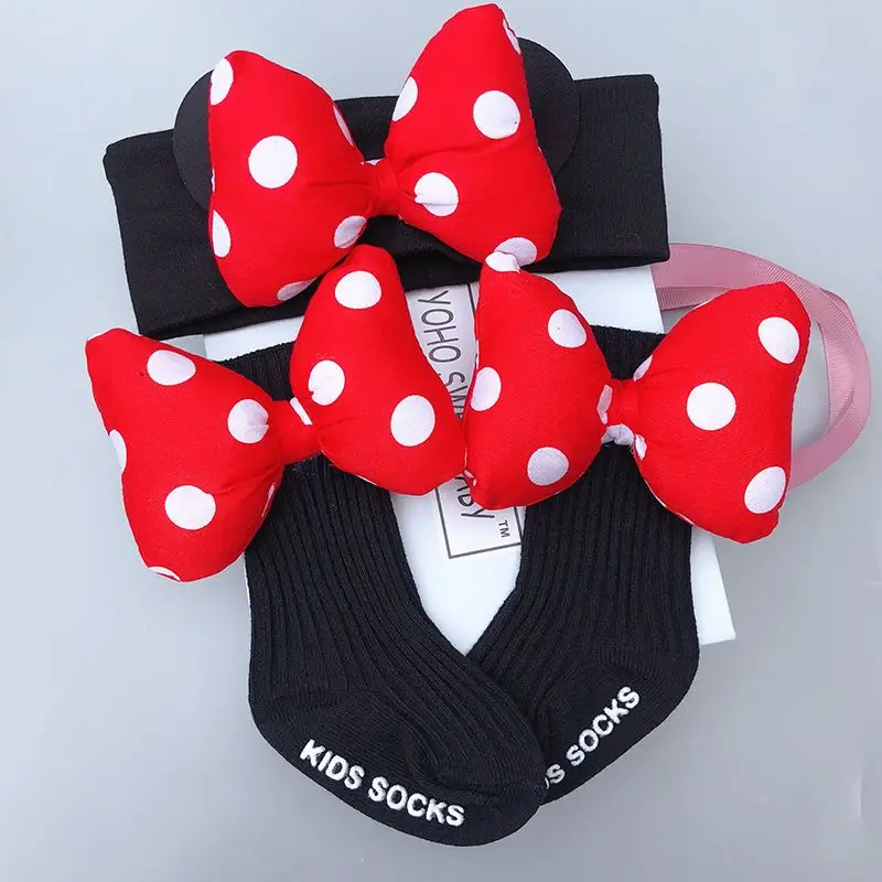 Disney Minnie Mouse Cartoon Creative Hair Accessories Baby Birthday Gift Bow Headband Full Moon Photo Props Headwear Gift Box