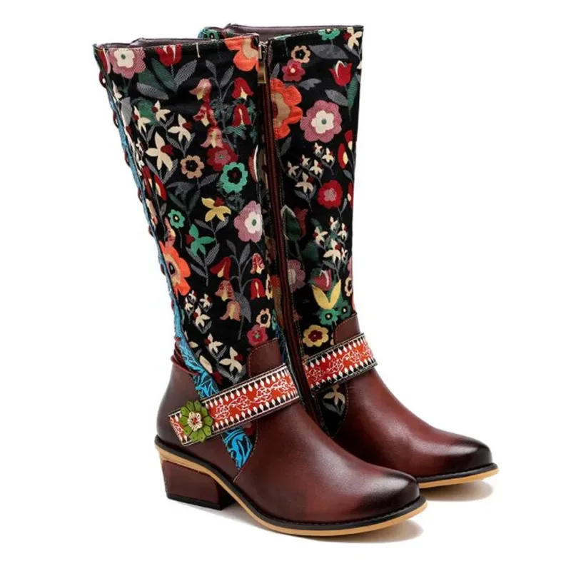 

Retro Printed Flower Cowgirl Boots Women Shoes Woman Genuine Leather Mid-calf Boots Winter Bohemian Knight Botas Mujer