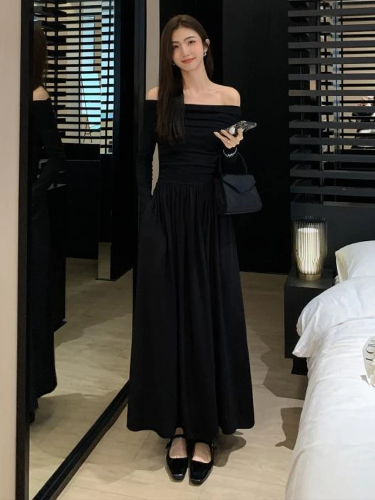 Maxi Dresses for Women New Korean Solid Temperament Robe Femme 2023 Vestidos De Mujer Slash Neck Pleated Tunic Bodycon Y2k Dress