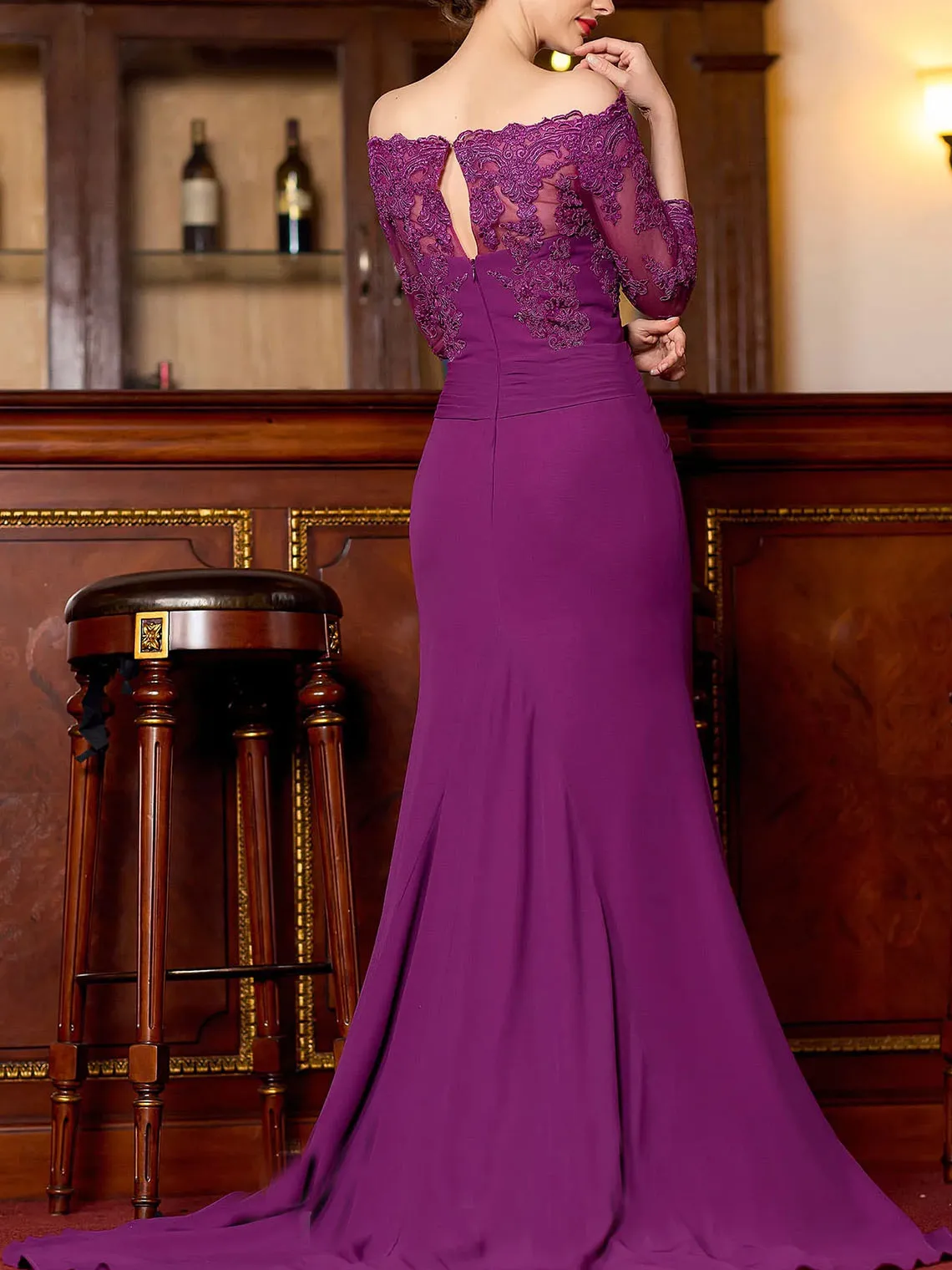 Elegant Off-the-Shoulder 3/4 Sleeves Chiffon Sheath Mother of the Bride Dress Ruffles Appliques Sweep Train 2025 Free Customized