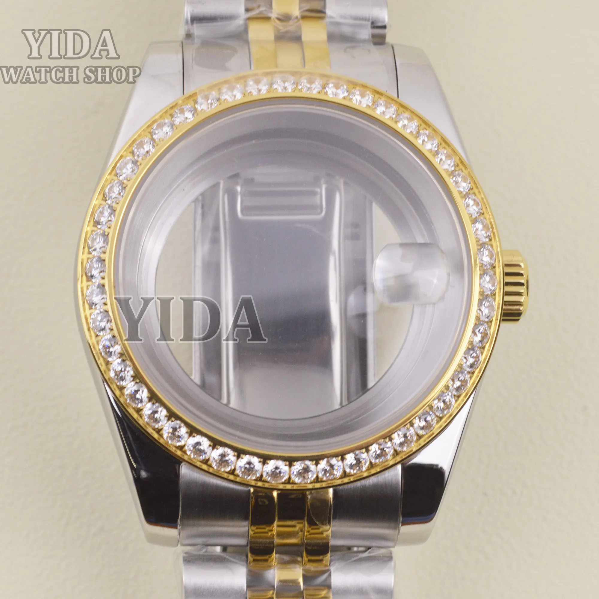 Caja de reloj NH35 de 39mm, banda de acero inoxidable, cristal de zafiro, caja de reloj con diamantes para movimiento Datejust NH35/36, piezas impermeables de 10ATM