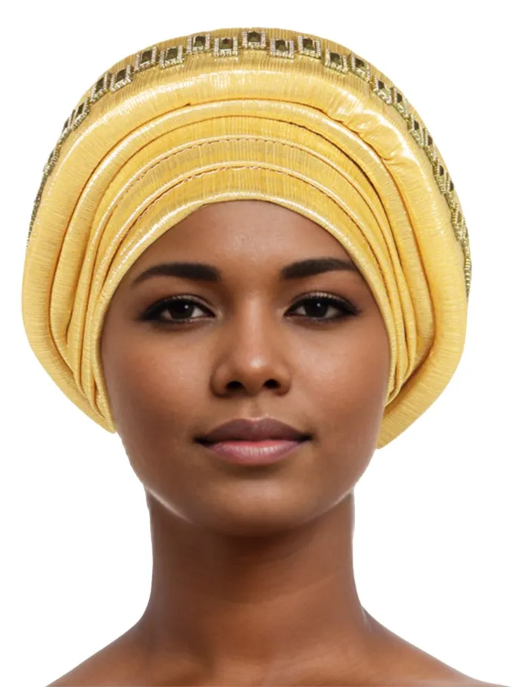 Twisted Braid Turban Cap For Women African Lady Head Wraps Diamonds Nigeria Raw Silk Autogele Headtie Muslim Hat Party Headwear