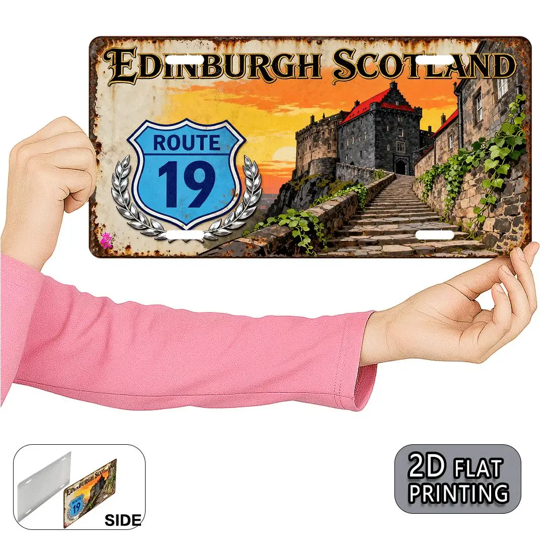 2D Flat, 1pc Vintage Edinburgh Scotland Metal Wall Plate Retro Route 19 Numbered Sign Suitable for Home, Garage