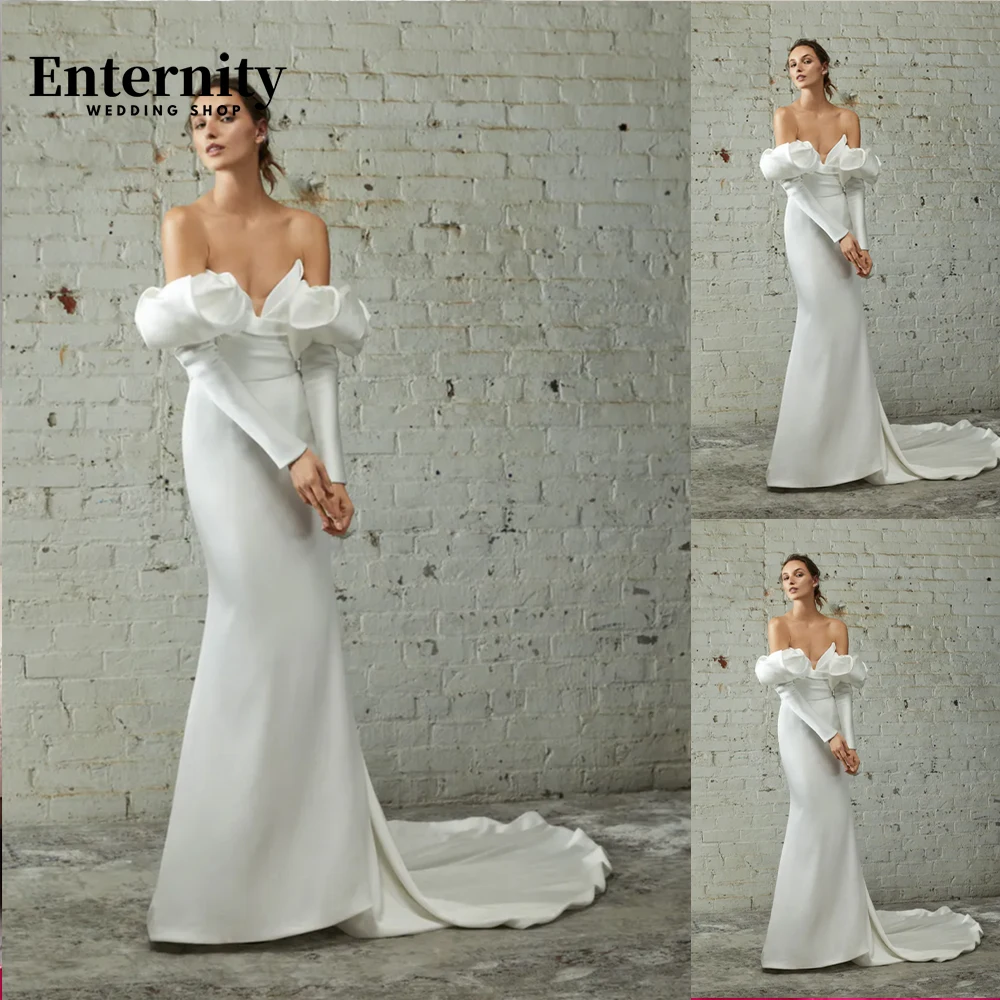 

Romantic Mermaid Wedding Gown Off The Shoulder V-neck Wedding Dress Robe De Mariée Backless Half Sleeves Long Bride Dresses