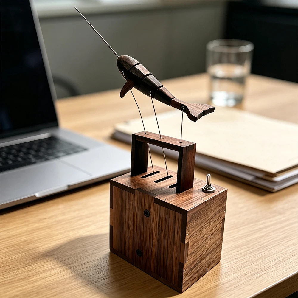 Wooden Hand‑Carved Narwhal Kinetic Automaton, Mechanical Dynamic Desktop Ornament, Handcrafted Art Collectible Craft Decor