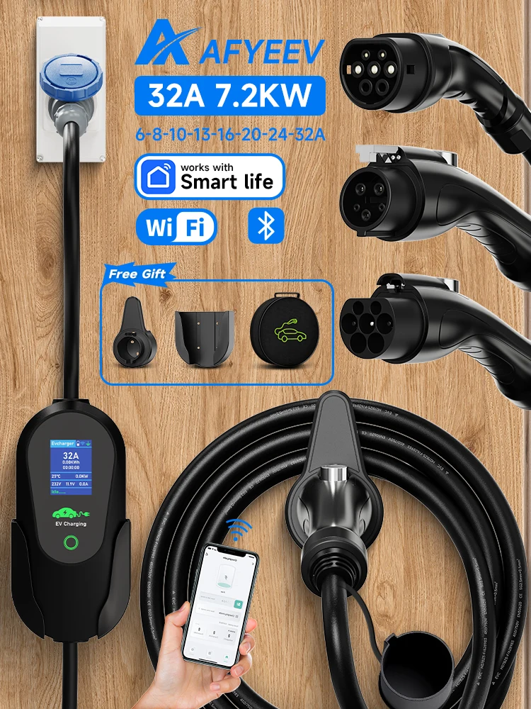 AFYEEV 7.2KW 32A Portable Type2 IEC62196-2 EV chargeur Type1 SAE J1772 chargeur de voiture électrique GBT EVSE câble de chargement WiFi APP