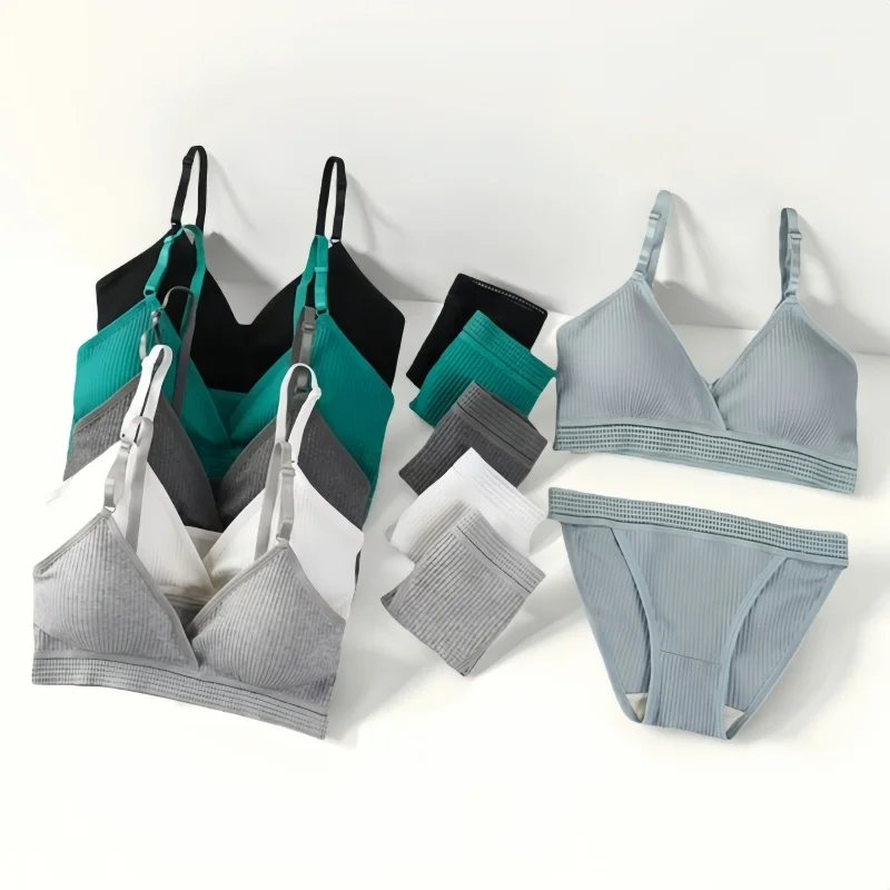 Women Sexy V-neck Padded Bra Lingerie Set Push-Up Bras Low Rise Briefs Non-wire Bralette Brazilian Panties Female Underwear Set