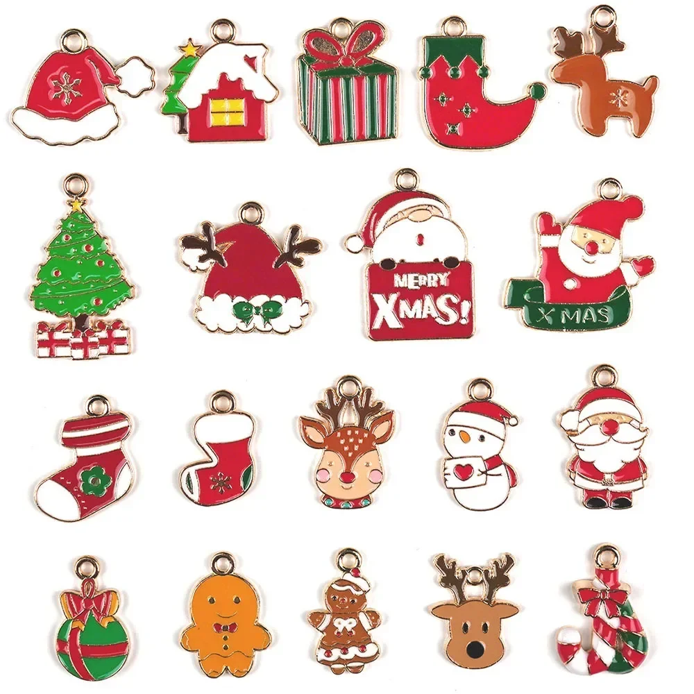 10pcs Christmas Red Series Charms Santa Hat Snow House Xmas Stocking Snowman Enamel Pendant for DIY Jewelry Making Accessory