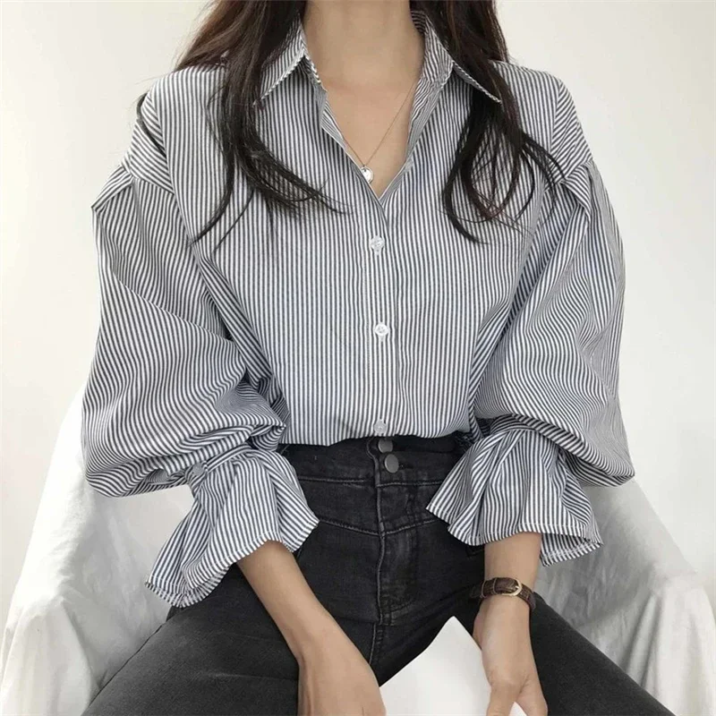 Seoulish Vintage Striped Women's Shirts Autumn Elagant Lantern Long Sleeve Turndown Collar Single Breasted Women's Blouses Tops