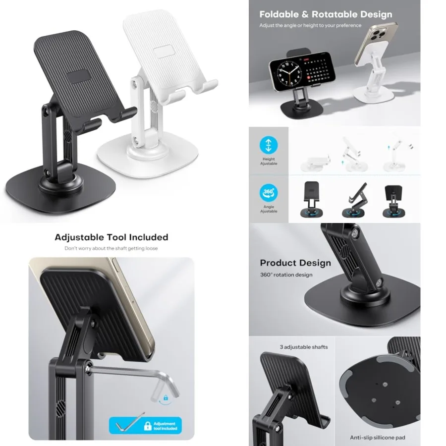 

Cell Phone Stand for Desk, 2 Pack Adjustable Foldable Phone Holder, 360 Swivel Mobile Stand Fit for iPhone 17 16 15 14 13 Pro M