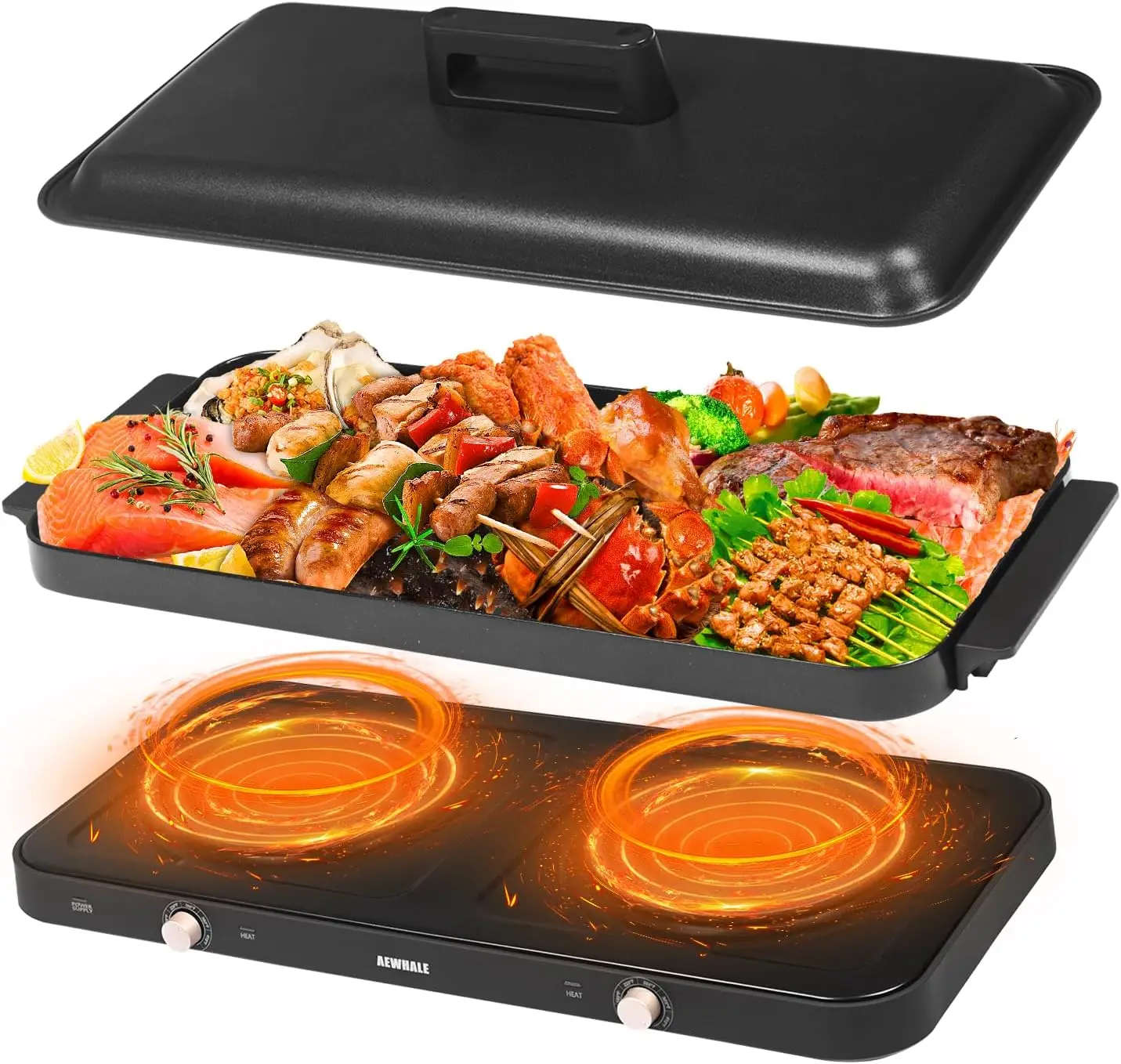 

Portable Double Electric Burner with Removable Cast Aluminium Griddle Pan Non-stick,1800 W Hot Plate for Cooking, Independent