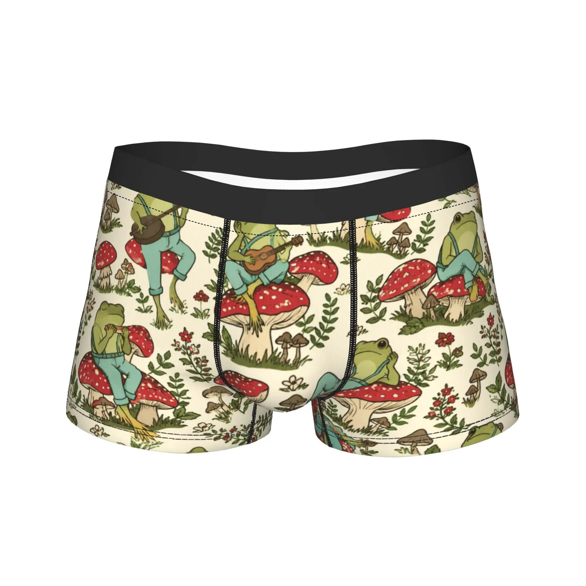 Cute Cottagecore  Frog Playing Banjo on Mushroom Underwear  Men Boxer Brief Novelty Boxershorts High Quality Large Size Panties