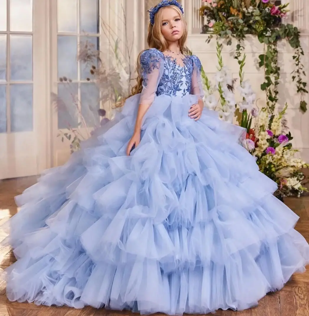 

Customized Flower Girls Dress 2023 Baby Blue Ruffles Tiered Ball Gown Kids Princess Child Pageant Formal Occasion Dress YFD66