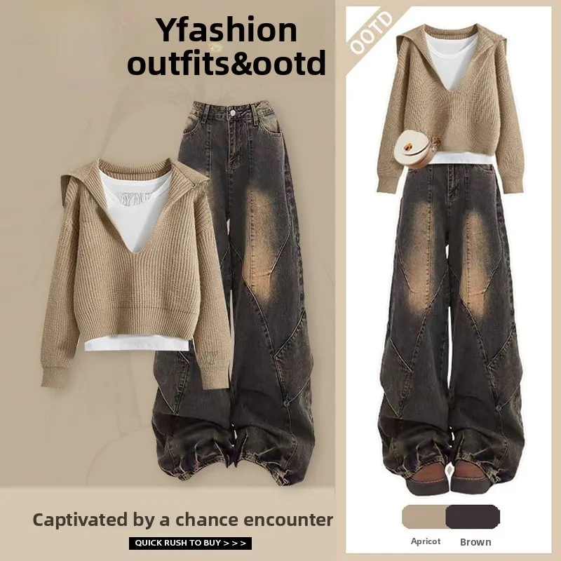 

Женский комплект: топ с V-образным вырезом и длинными рукавами, джинсы с высокой талией, модный осенний наряд, дизайн для миниатюрных, стильный образ