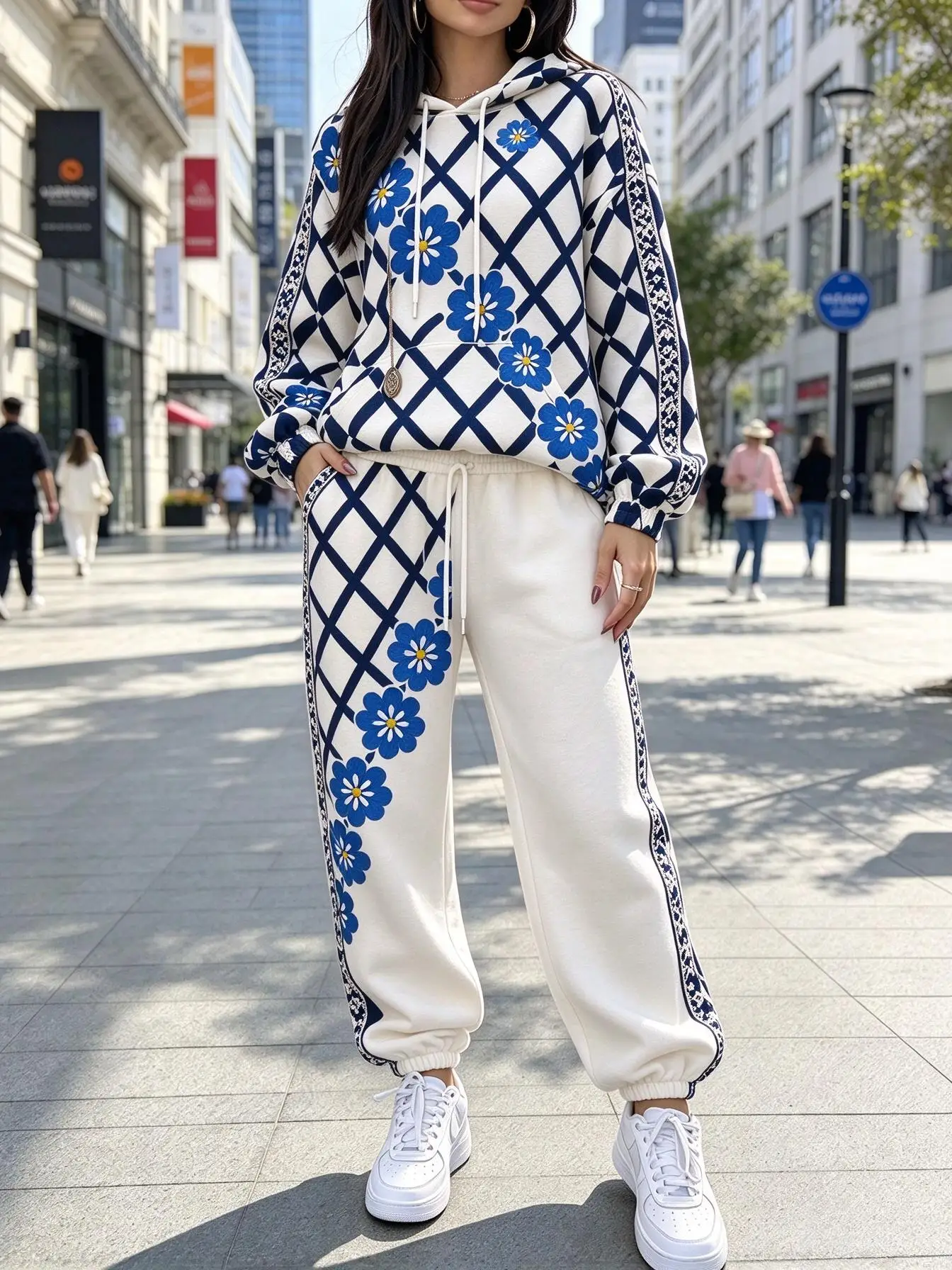 Women Grid Floral Print Hooded Tracksuit, Hoodie & Cuffed Jogger Pants 2 Piece Outfit view 5