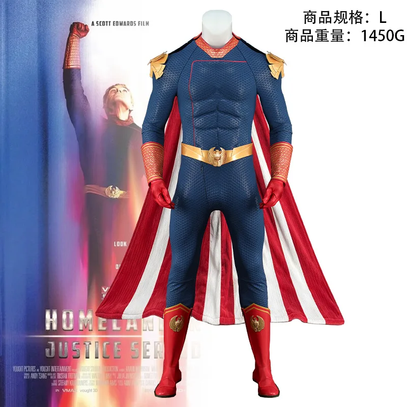 

Popular Superhero TV Series Home-lander Cosplay Costume Blue Red Muscle Jumpsuit with Cape Full Set Screen Print Halloween