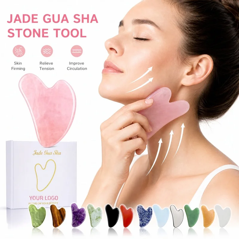 Custom Logo Natural Rose Quartz Gua Sha Board Heart Shaped Jade Face Massage Scraper Skin Care Beauty Tool