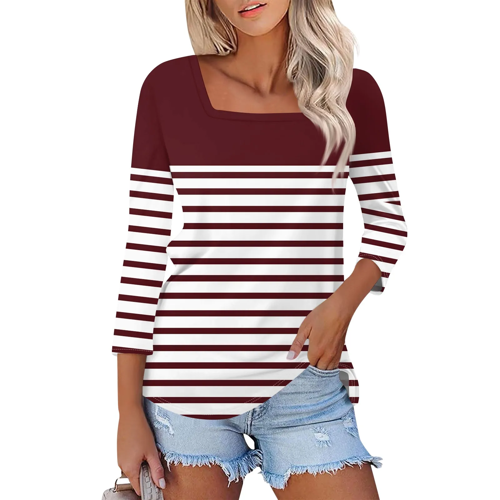 Women's New Button Round Neck Striped 3/4 Sleeve T-Shirt Slim Fit Casual Tops Women's Clothing Sale Items ropa de mujer ofertas