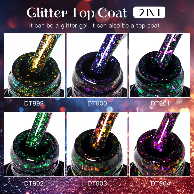 2 IN 1 Chameleon Glitter Top Coat 7ml Aurora Brocade Powder Gel Nail Polish For Manicure Soak Off UV Gel LED Varnish Nails Art