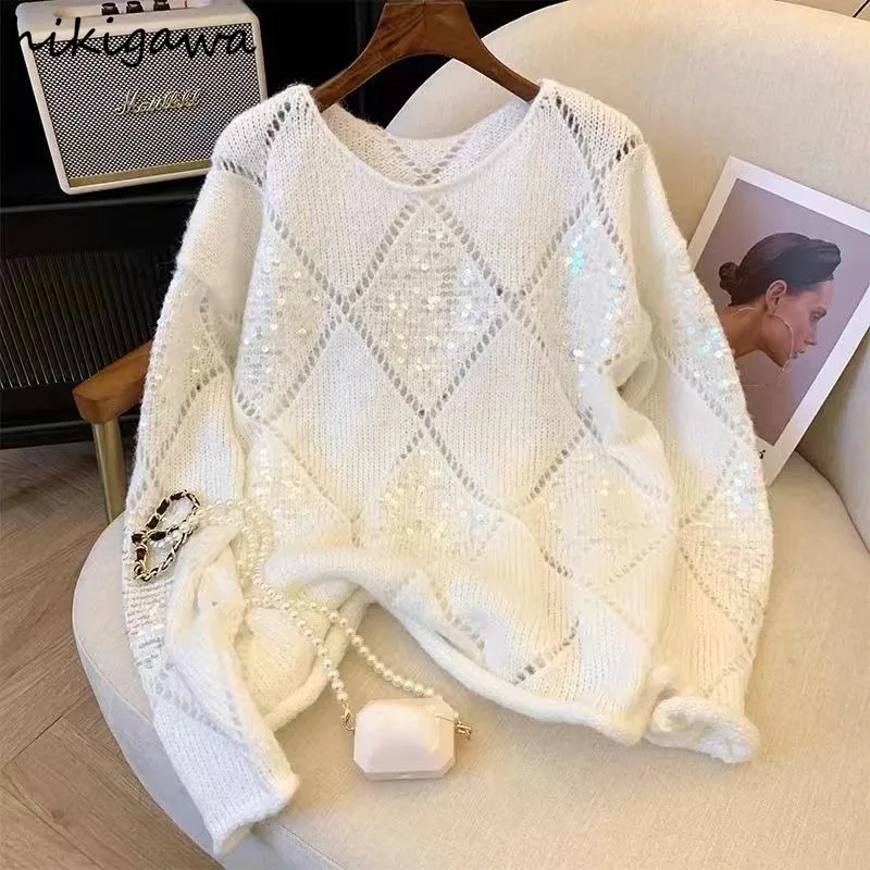 Oversized Pullovers 2024 Women Clothing Sueter Mujer Heavy Sequined Jumper Pull Femme Casual Chic Knitted Thin Sweater Tops