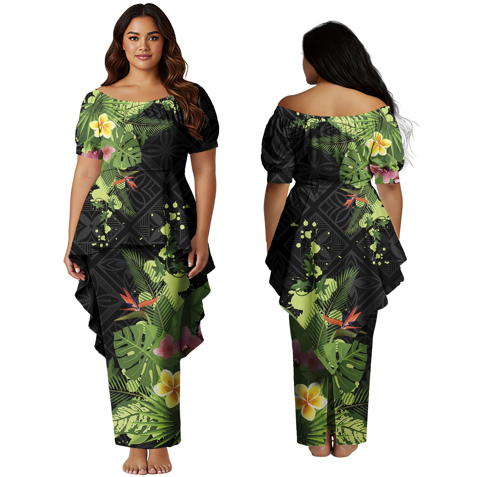 Tout nouveau Design robe Maxi personnalisée haut de gamme hawaïen Puletasi Samoan manches courtes jupes longues Polynésien Puletasi 2 pièces ensemble robes