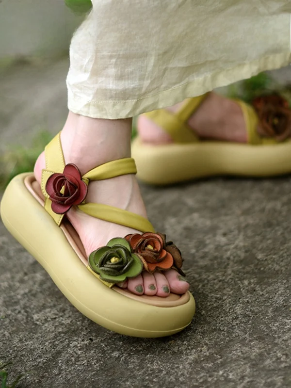 Moo Mar Bohemian Roman Sandals Handmade Thick Heel Floral Design Genuine Cowhide Leather Women's Shoes Vintage Fairy Sweetie