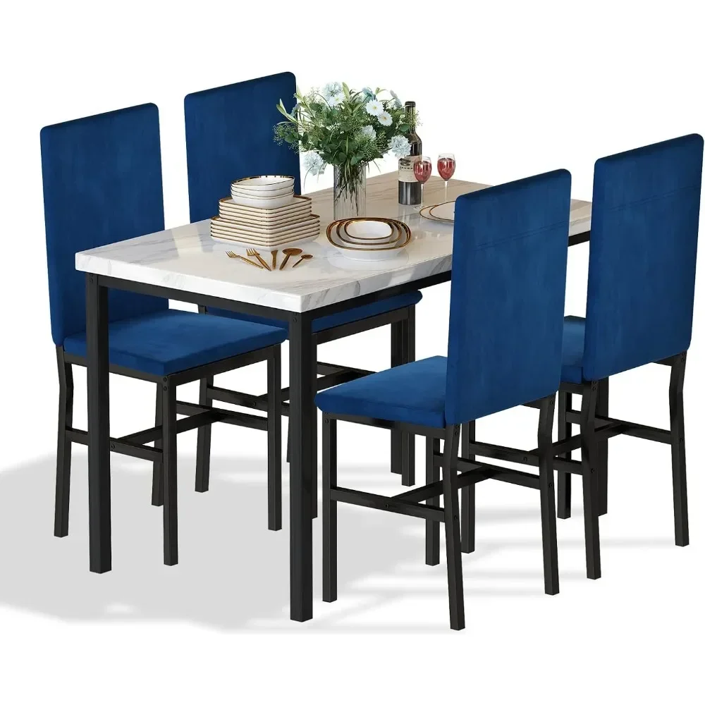 

Dining Table Set for 4- Space Saving Kitchen Table and Chairs for 4, Modern Style Faux Marble Tabletop & 4 Blue Velvet Chairs