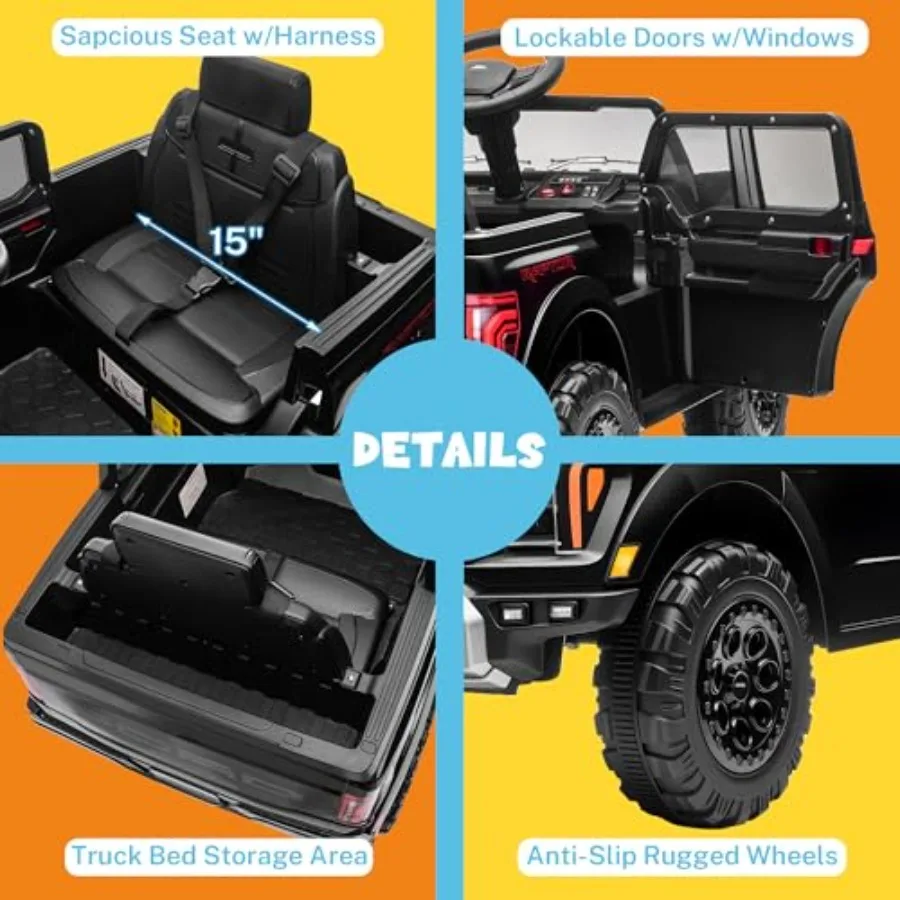 รถบรรทุกเด็กขับได้ 12V, รถยนต์ไฟฟ้าสำหรับเด็กเล็กพร้อมรีโมทคอนโทรล, ของเล่นรถยนต์เด็กขับได้พร้อมไฟ LED, เพลงบลูทูธ, ระบบล็อค