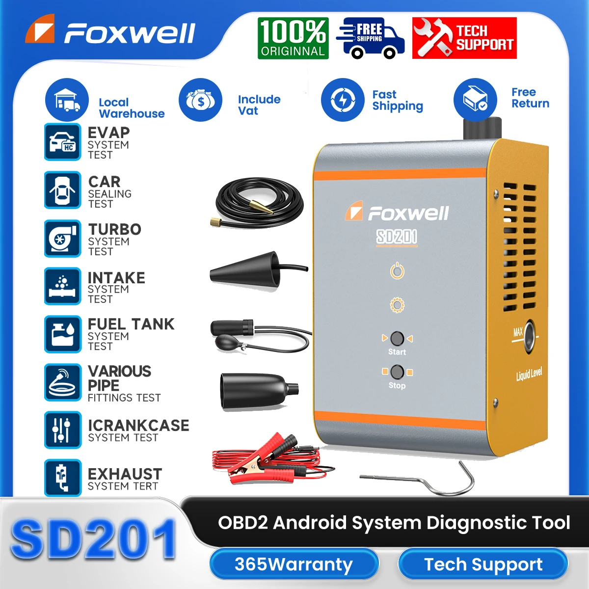 FOXWELL SD201 Car Smoke Machine Built-in Air Compressor EVAP Vacuum Exhaust Pipe Oil Leakage Detector Scanner  Diagnostic Tool