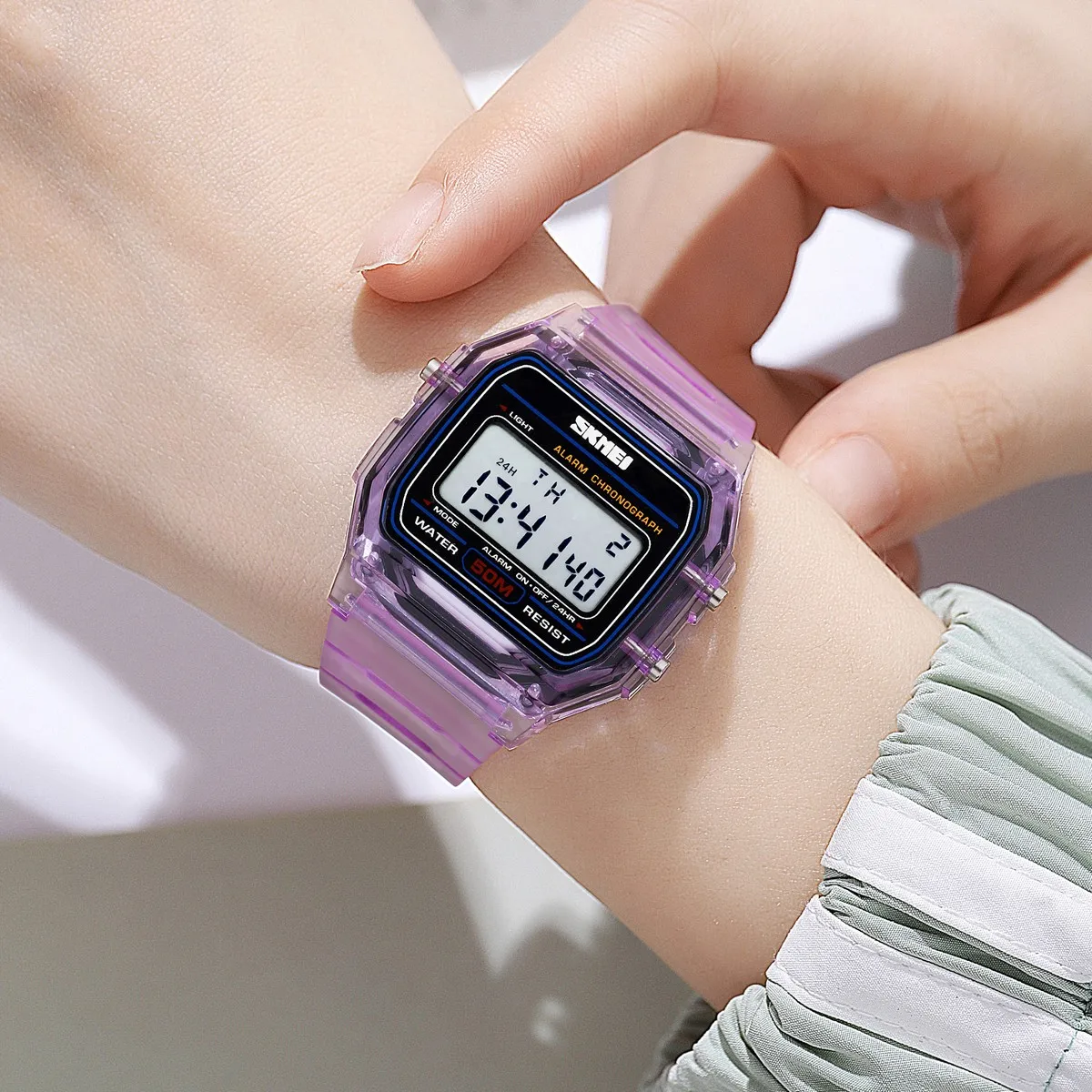 SKMEI New Fashion Youthful Vigor Digital Watches Transparent TPU Strap Wristwatch Back Light Display Stopwatch Women reloj mujer